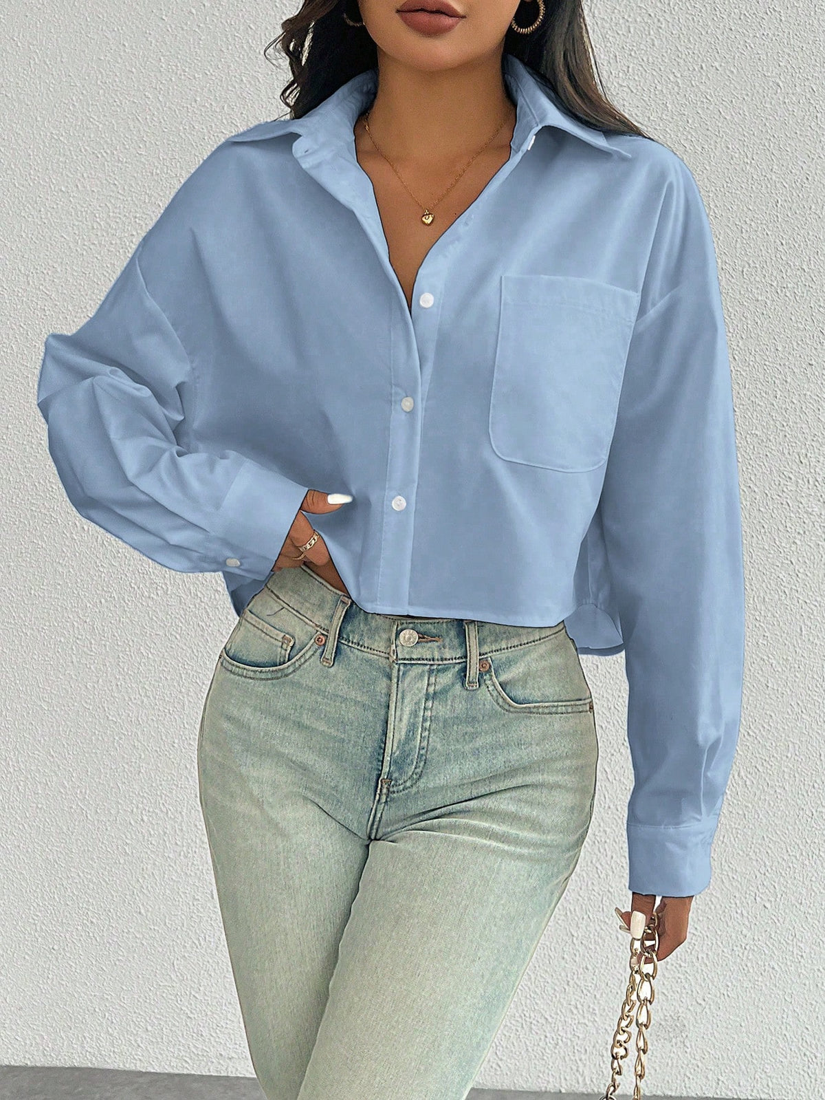 Women's Spring/Summer Solid Color Loose Fit Drop Shoulder Long Sleeve Cropped Casual Shirt With Pocket,Long Sleeve Tops Fall Cloth For Women