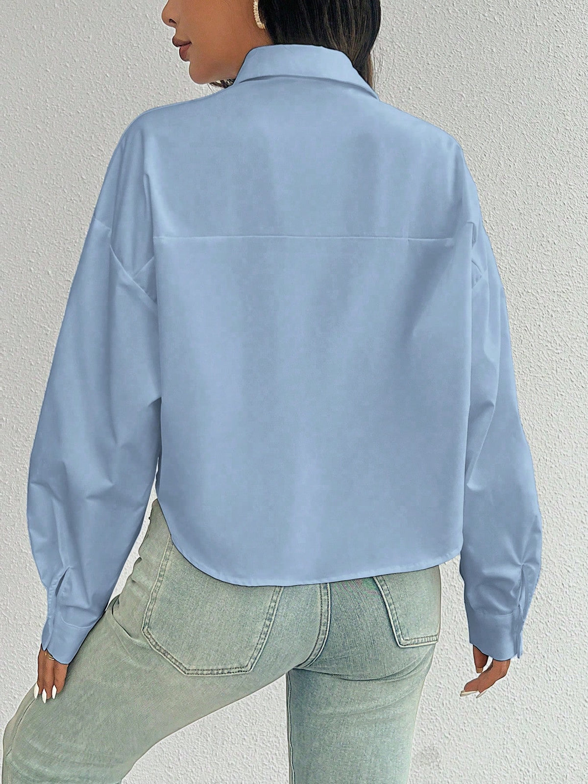 Women's Spring/Summer Solid Color Loose Fit Drop Shoulder Long Sleeve Cropped Casual Shirt With Pocket,Long Sleeve Tops Fall Cloth For Women