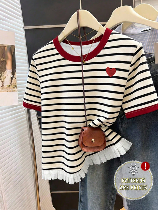 Women's Standard Size Tassel T-Shirt, Casual Versatile Summer Outerwear Top, Heart & Classic Stripe Print