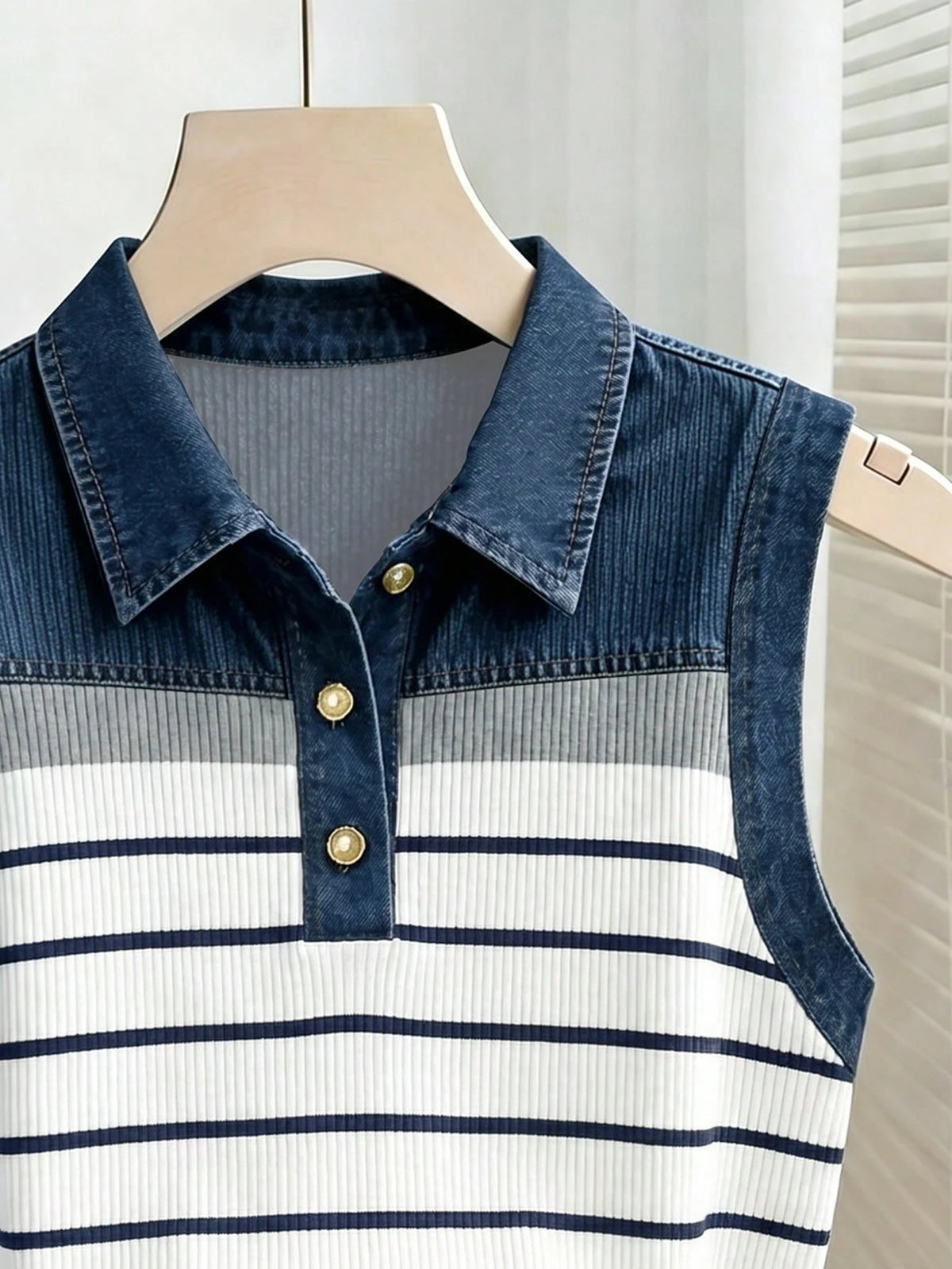 Women's Striped Polo Collar Casual Versatile Tank Top