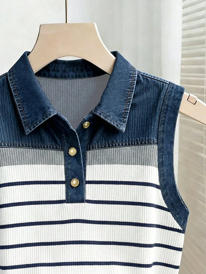 Women's Striped Polo Collar Casual Versatile Tank Top