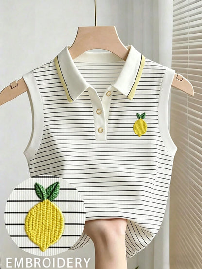 Women's Striped Polo Collar Casual Versatile Tank Top