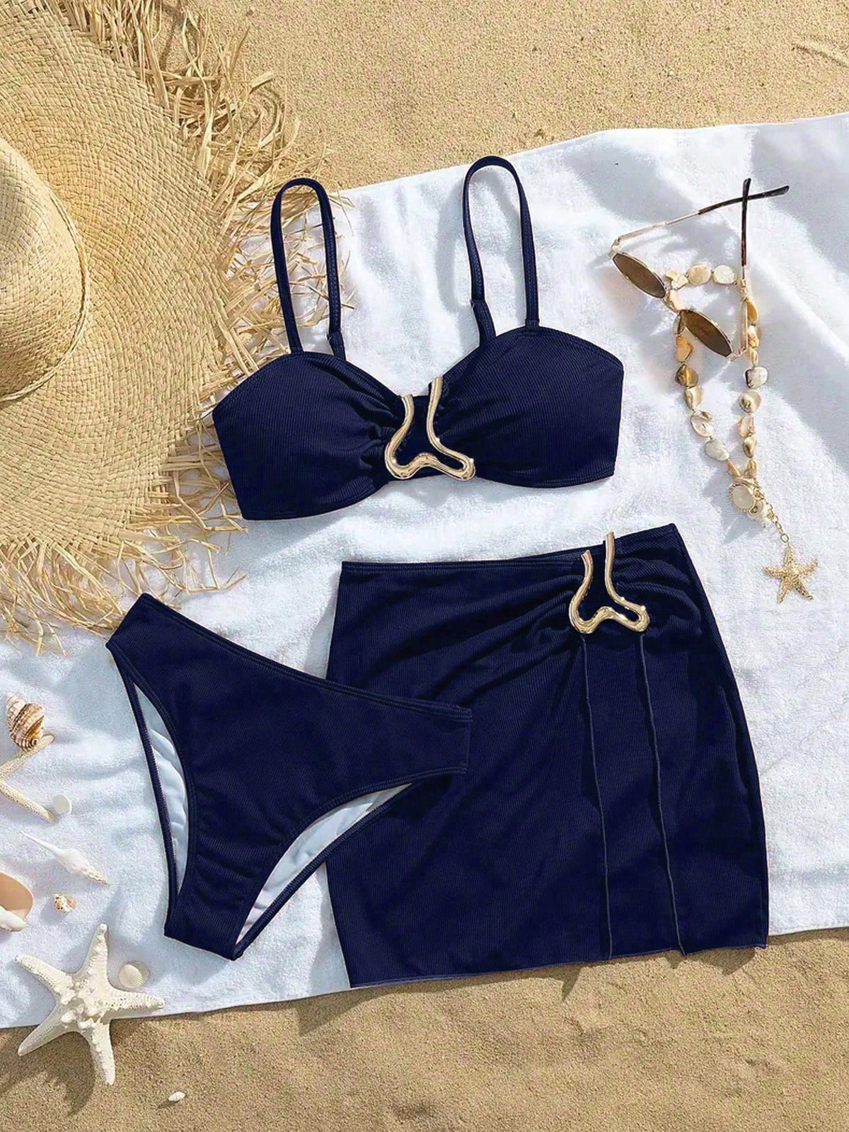 Women's Summer Beach Metal Decor Sexy Bikini Two-Piece Swimwear Set With Cover-Up Skirt Vacation