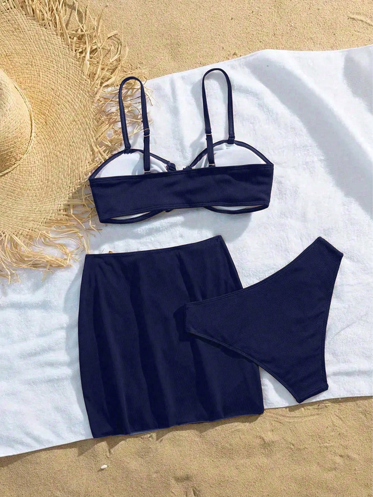 Women's Summer Beach Metal Decor Sexy Bikini Two-Piece Swimwear Set With Cover-Up Skirt Vacation