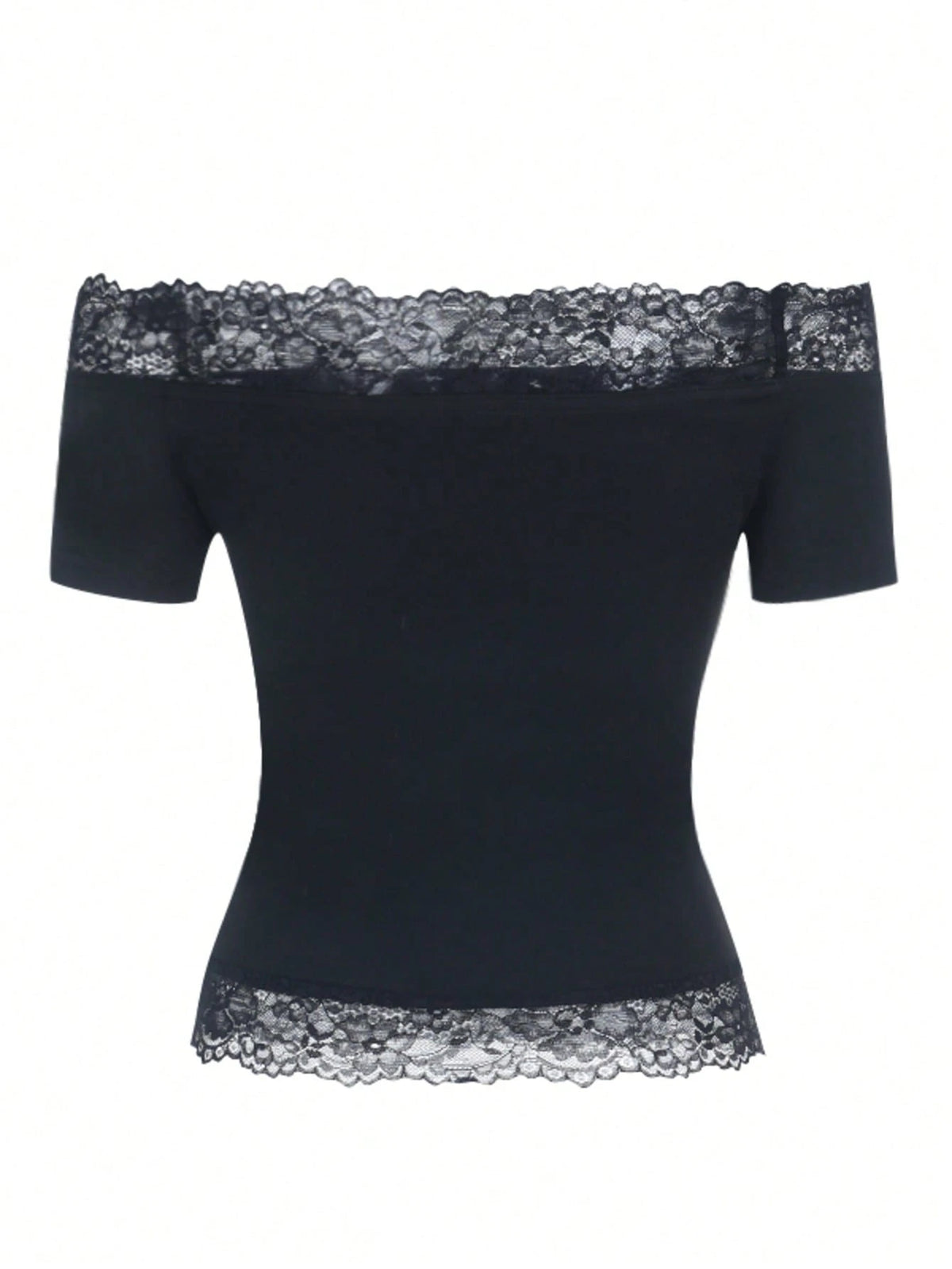 Women's Summer Black Valentine's Day Top, Off-Shoulder Lace Trim Short Sleeve Casual Shirt, Suitable For Dating, Parties And Beach