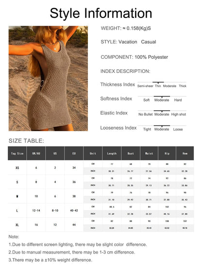 Women's Summer Bohemian Sexy Hollow Out Casual Sheer Sleeveless Fitted Backless Design Short Dress Vacation Beach