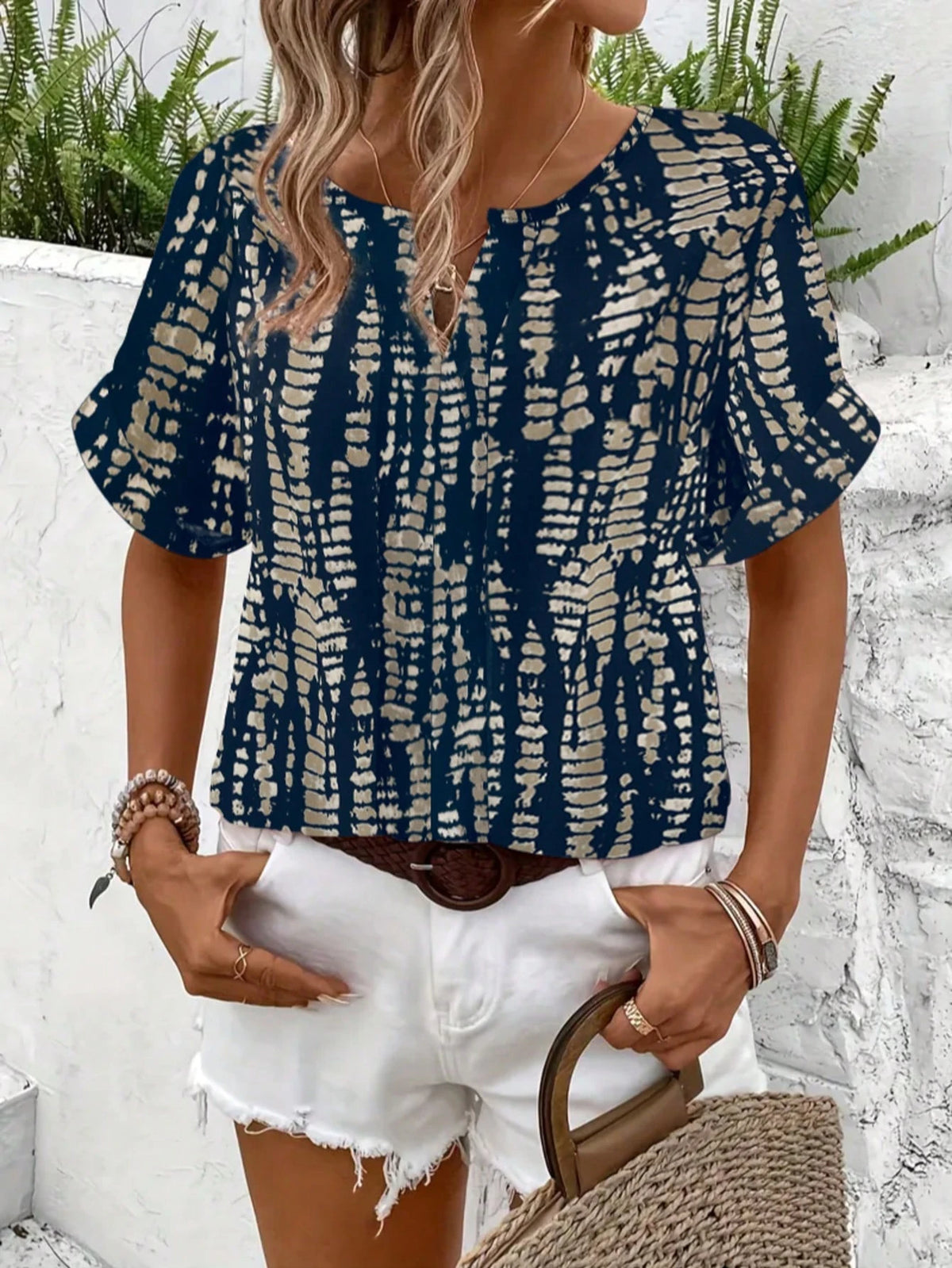 Women's Summer Casual V-Neck Short Sleeve Allover Print Shirt, American Vintage Texture Print Shirt, Vacation Style Flattering Versatile Design