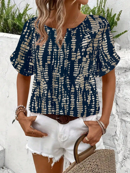 Women's Summer Casual V-Neck Short Sleeve Allover Print Shirt, American Vintage Texture Print Shirt, Vacation Style Flattering Versatile Design