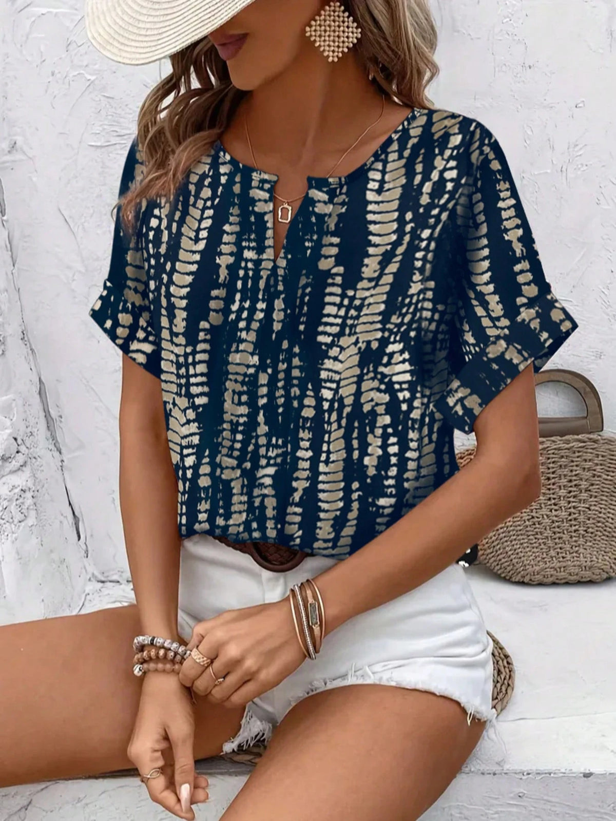 Women's Summer Casual V-Neck Short Sleeve Allover Print Shirt, American Vintage Texture Print Shirt, Vacation Style Flattering Versatile Design