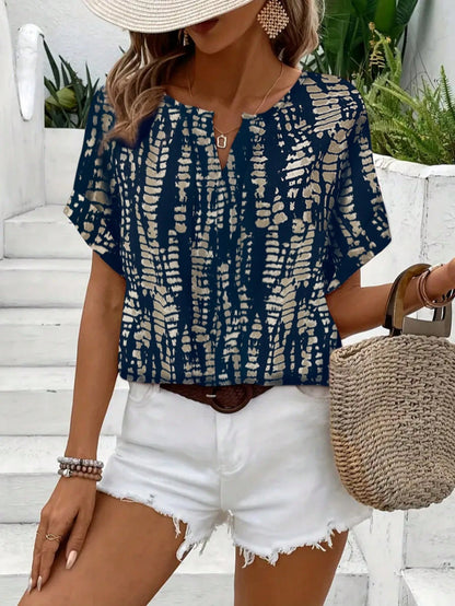 Women's Summer Casual V-Neck Short Sleeve Allover Print Shirt, American Vintage Texture Print Shirt, Vacation Style Flattering Versatile Design