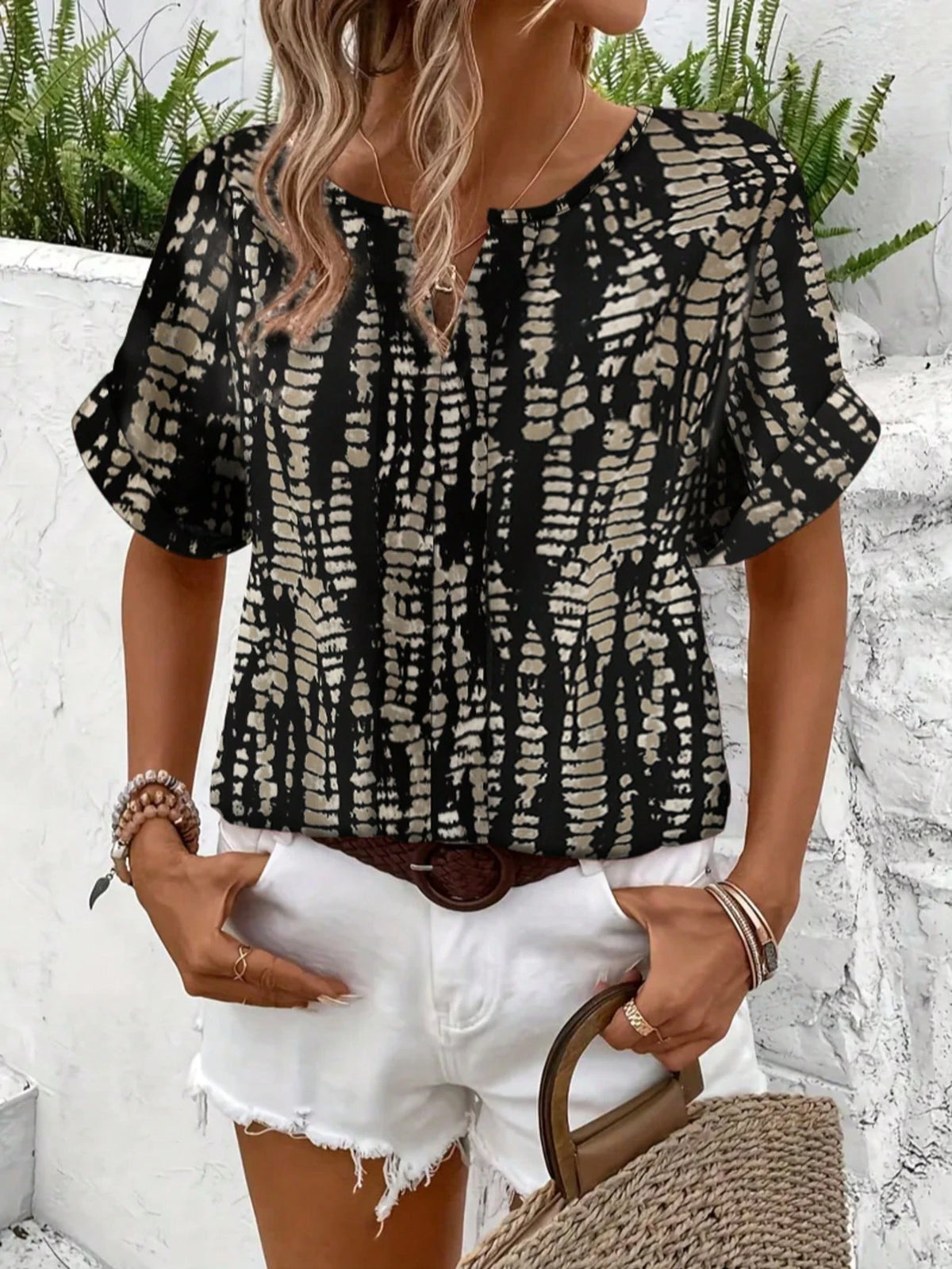 Women's Summer Casual V-Neck Short Sleeve Allover Print Shirt, American Vintage Texture Print Shirt, Vacation Style Flattering Versatile Design