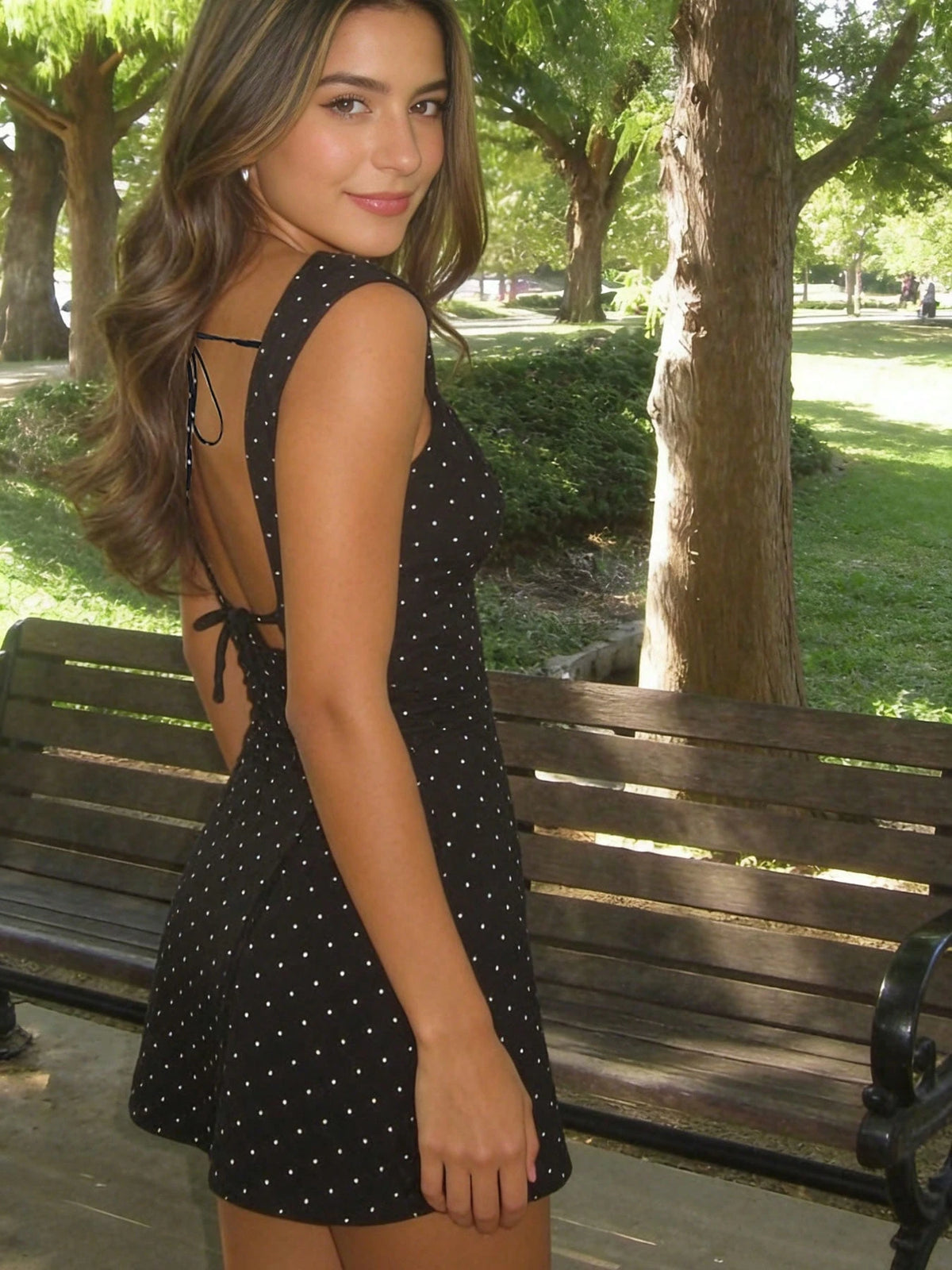 Women's Summer Sexy Vacation Style Polka Dot Print Backless Tie Waist Dress Elegant White Party