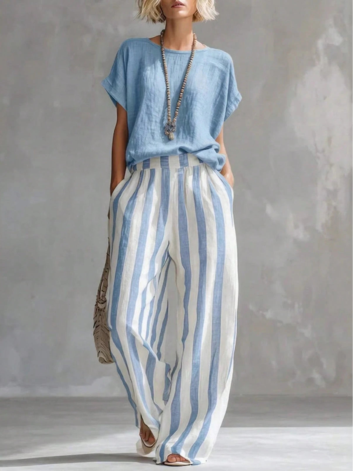 Women's Two Piece Set Round Neck Short Sleeve Top Elastic Waist Striped Wide Leg Pants Casual Daily Outfit, Aesthetic