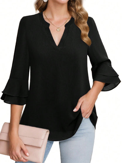 Women's V-Neck Flared Double-Layered Ruffle Sleeve Shirt