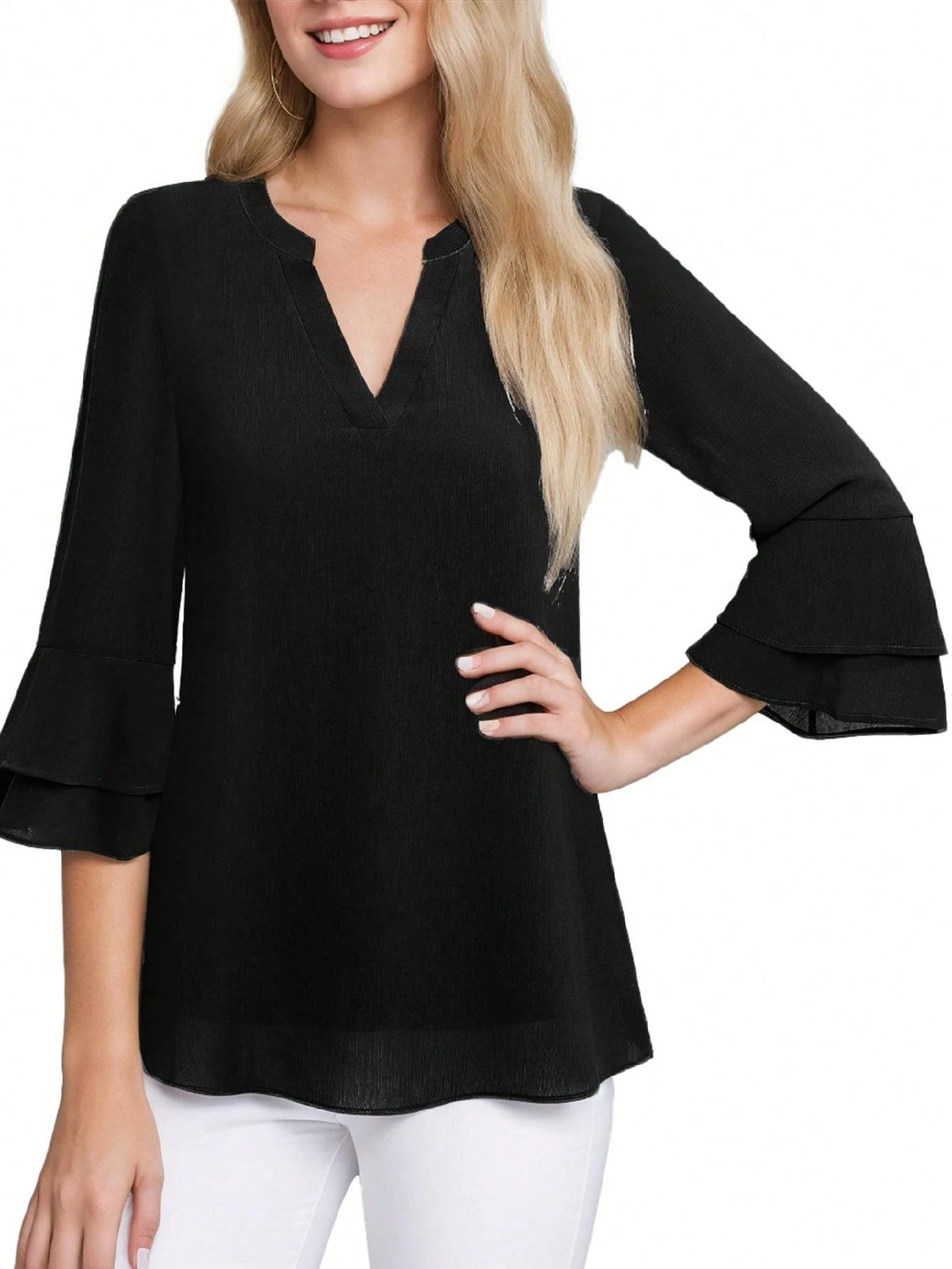 Women's V-Neck Flared Double-Layered Ruffle Sleeve Shirt