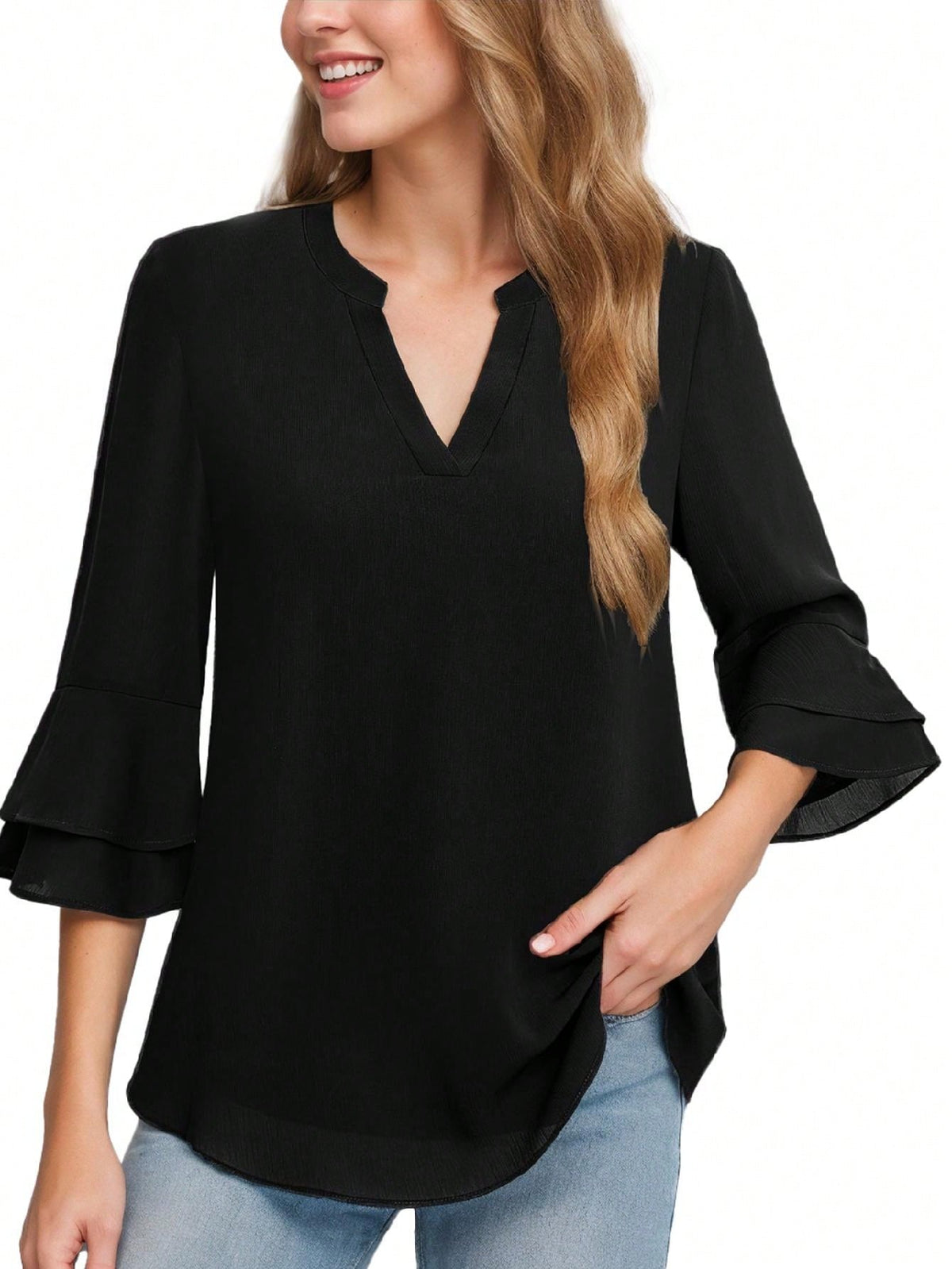 Women's V-Neck Flared Double-Layered Ruffle Sleeve Shirt