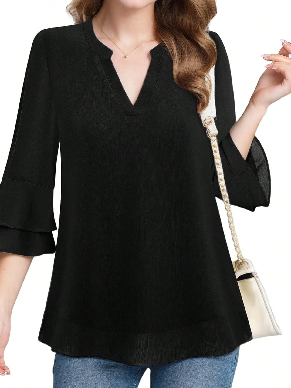 Women's V-Neck Flared Double-Layered Ruffle Sleeve Shirt