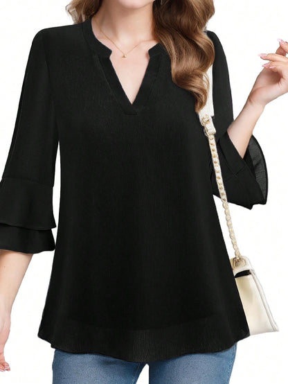 Women's V-Neck Flared Double-Layered Ruffle Sleeve Shirt
