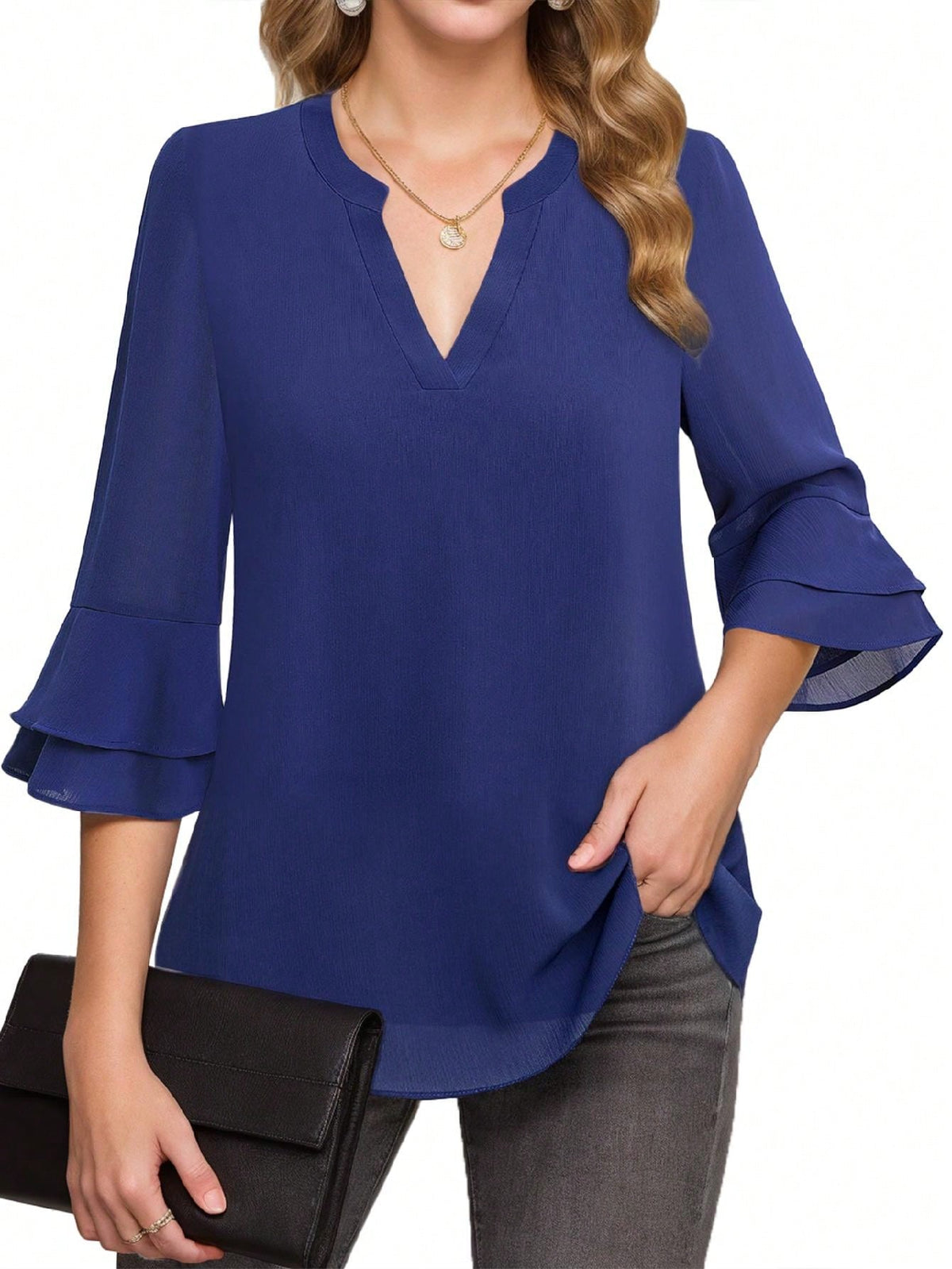 Women's V-Neck Flared Double-Layered Ruffle Sleeve Shirt