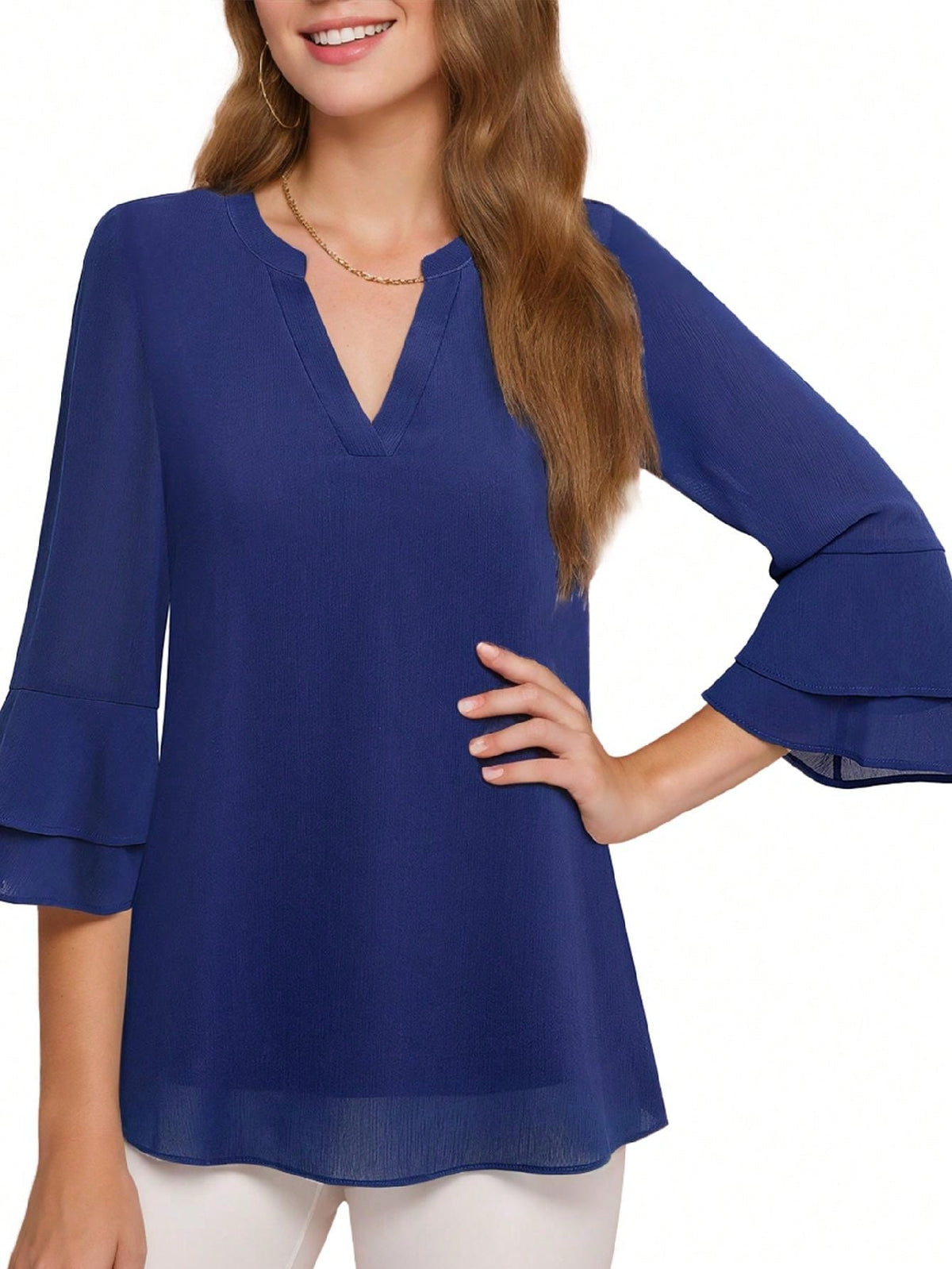 Women's V-Neck Flared Double-Layered Ruffle Sleeve Shirt