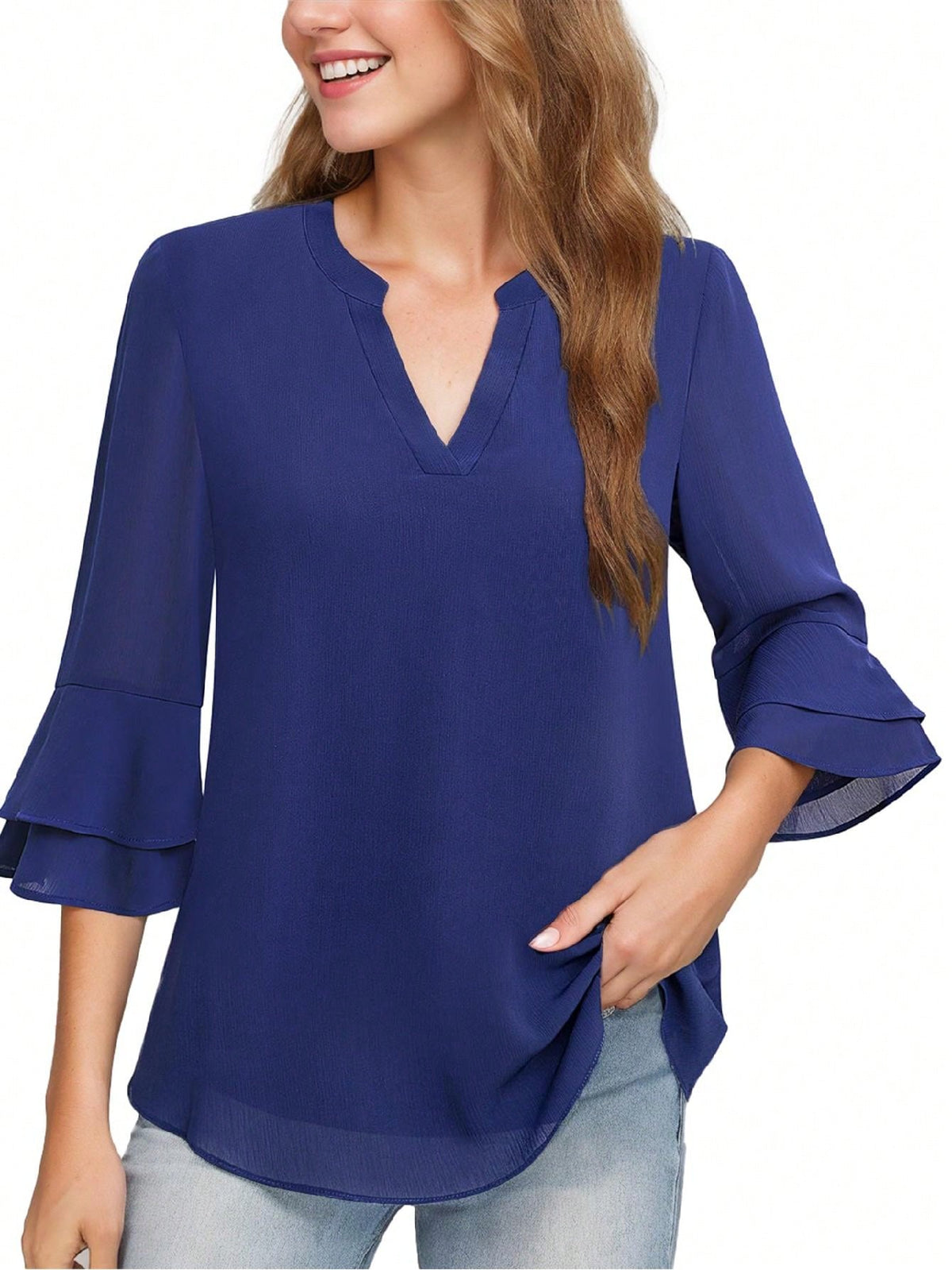 Women's V-Neck Flared Double-Layered Ruffle Sleeve Shirt