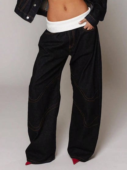 Women's Wide Leg Jeans Street Style Washed Denim Fold Over Rib Waist Curved Contrast Stitch Seam Detail