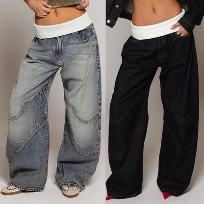 Women's Wide Leg Jeans Street Style Washed Denim Fold Over Rib Waist Curved Contrast Stitch Seam Detail