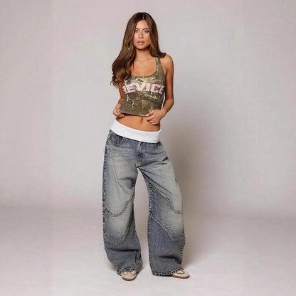 Women's Wide Leg Jeans Street Style Washed Denim Fold Over Rib Waist Curved Contrast Stitch Seam Detail