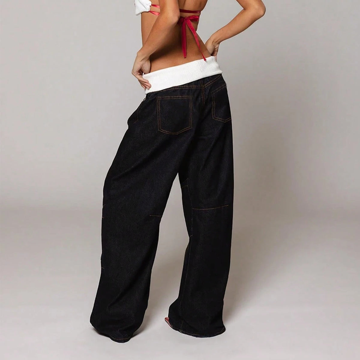 Women's Wide Leg Jeans Street Style Washed Denim Fold Over Rib Waist Curved Contrast Stitch Seam Detail