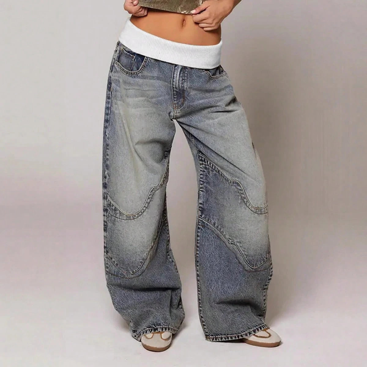 Women's Wide Leg Jeans Street Style Washed Denim Fold Over Rib Waist Curved Contrast Stitch Seam Detail