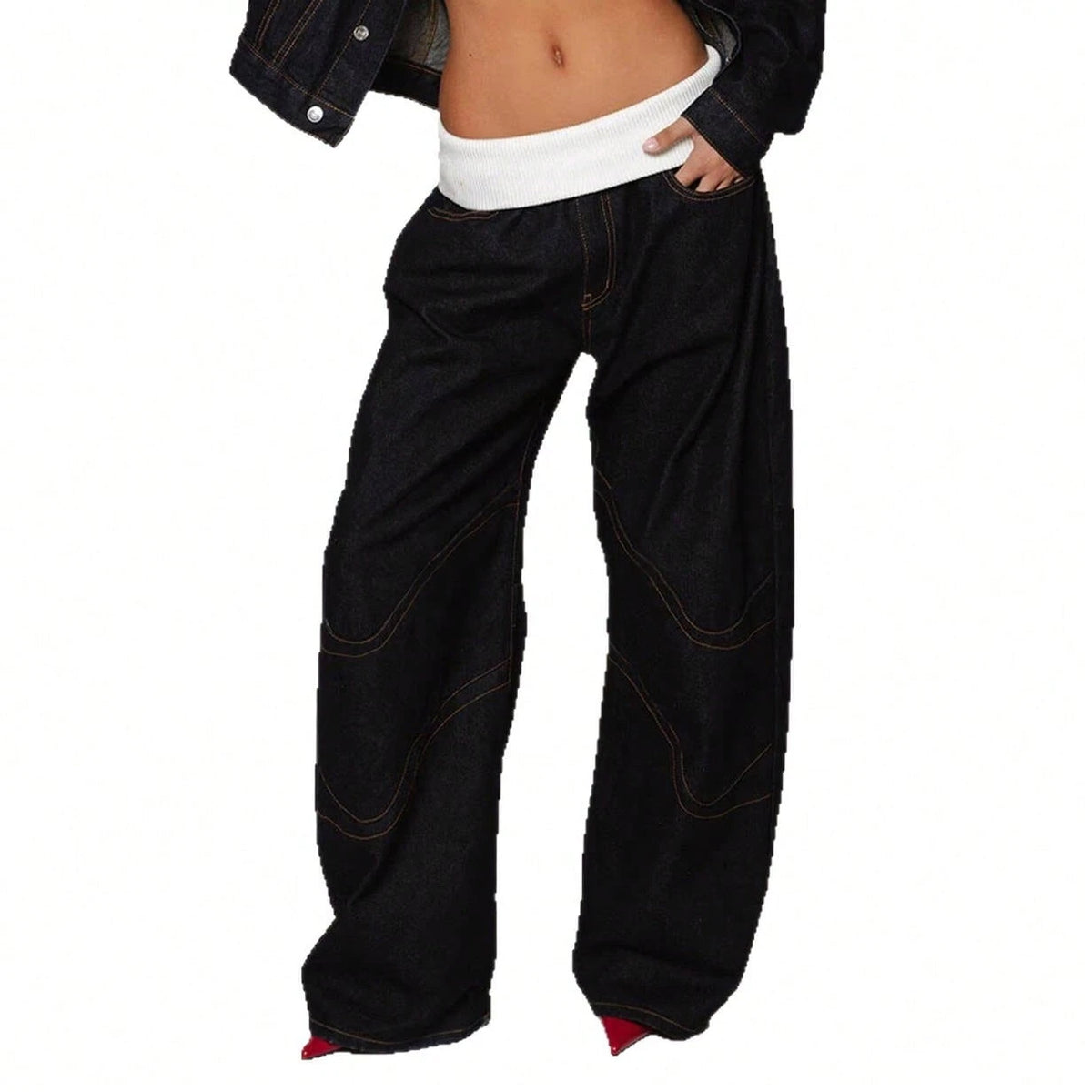 Women's Wide Leg Jeans Street Style Washed Denim Fold Over Rib Waist Curved Contrast Stitch Seam Detail