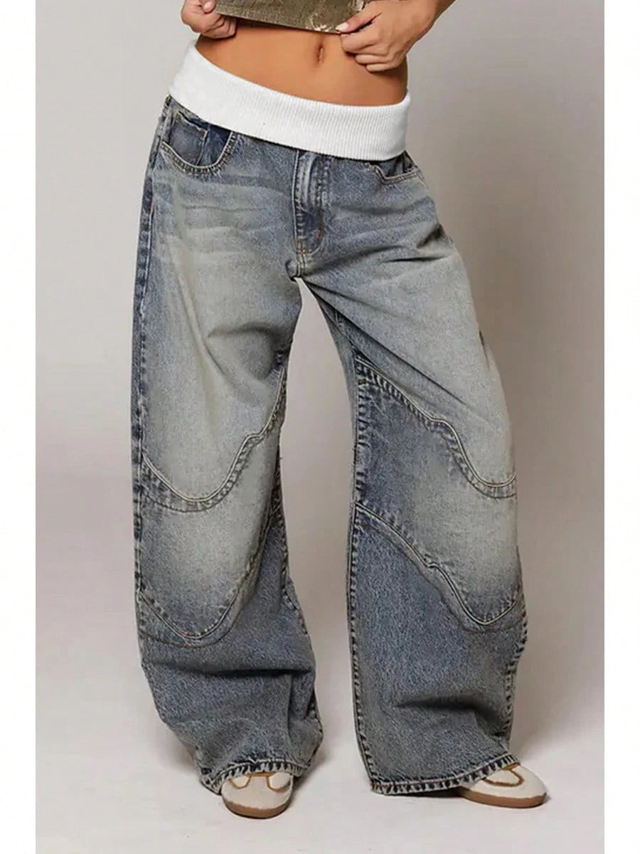 Women's Wide Leg Jeans Street Style Washed Denim Fold Over Rib Waist Curved Contrast Stitch Seam Detail