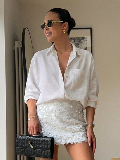 Women's Y2K Elegant Chic Shiny Mini Skirt, High Waist, Spring/Summer Party Club & Back To School White