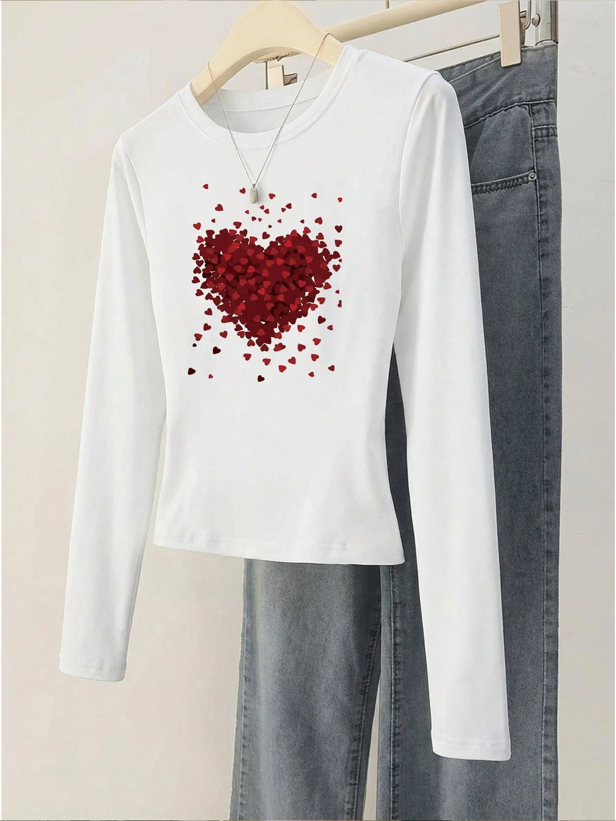 Women's Y2K Elegant Versatile Heart Print Round Neck Long Sleeve Ruched Fitted T-Shirt, Suitable For Summer And Autumn/Winter| Baddie Style| Y2K Sweet Fitted Pink Top| Spring Fashion, Minimalist St