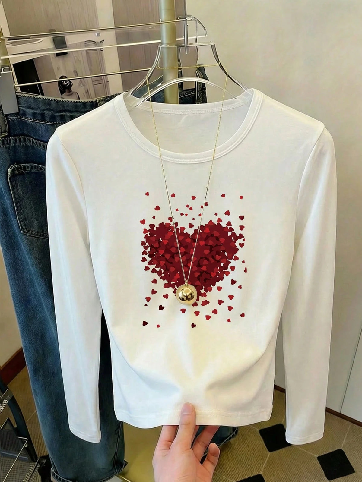 Women's Y2K Elegant Versatile Heart Print Round Neck Long Sleeve Ruched Fitted T-Shirt, Suitable For Summer And Autumn/Winter| Baddie Style| Y2K Sweet Fitted Pink Top| Spring Fashion, Minimalist St