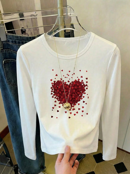 Women's Y2K Elegant Versatile Heart Print Round Neck Long Sleeve Ruched Fitted T-Shirt, Suitable For Summer And Autumn/Winter| Baddie Style| Y2K Sweet Fitted Pink Top| Spring Fashion, Minimalist St