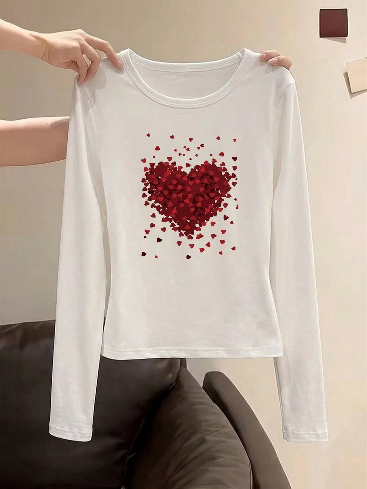 Women's Y2K Elegant Versatile Heart Print Round Neck Long Sleeve Ruched Fitted T-Shirt, Suitable For Summer And Autumn/Winter| Baddie Style| Y2K Sweet Fitted Pink Top| Spring Fashion, Minimalist St