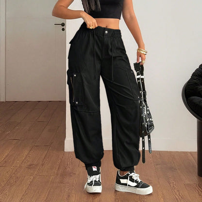 Women's Y2K Style Elastic Waist Drawstring Cargo Pants With Flap Pockets, Zipper Details, Metal Buttons, And Side Slits Casual Black Spring