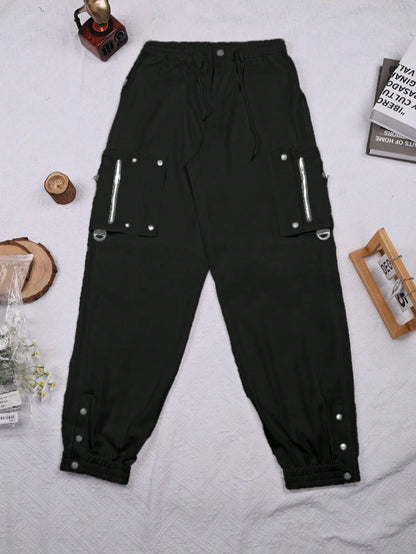 Women's Y2K Style Elastic Waist Drawstring Cargo Pants With Flap Pockets, Zipper Details, Metal Buttons, And Side Slits Casual Black Spring