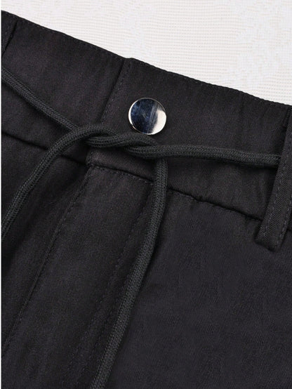 Women's Y2K Style Elastic Waist Drawstring Cargo Pants With Flap Pockets, Zipper Details, Metal Buttons, And Side Slits Casual Black Spring