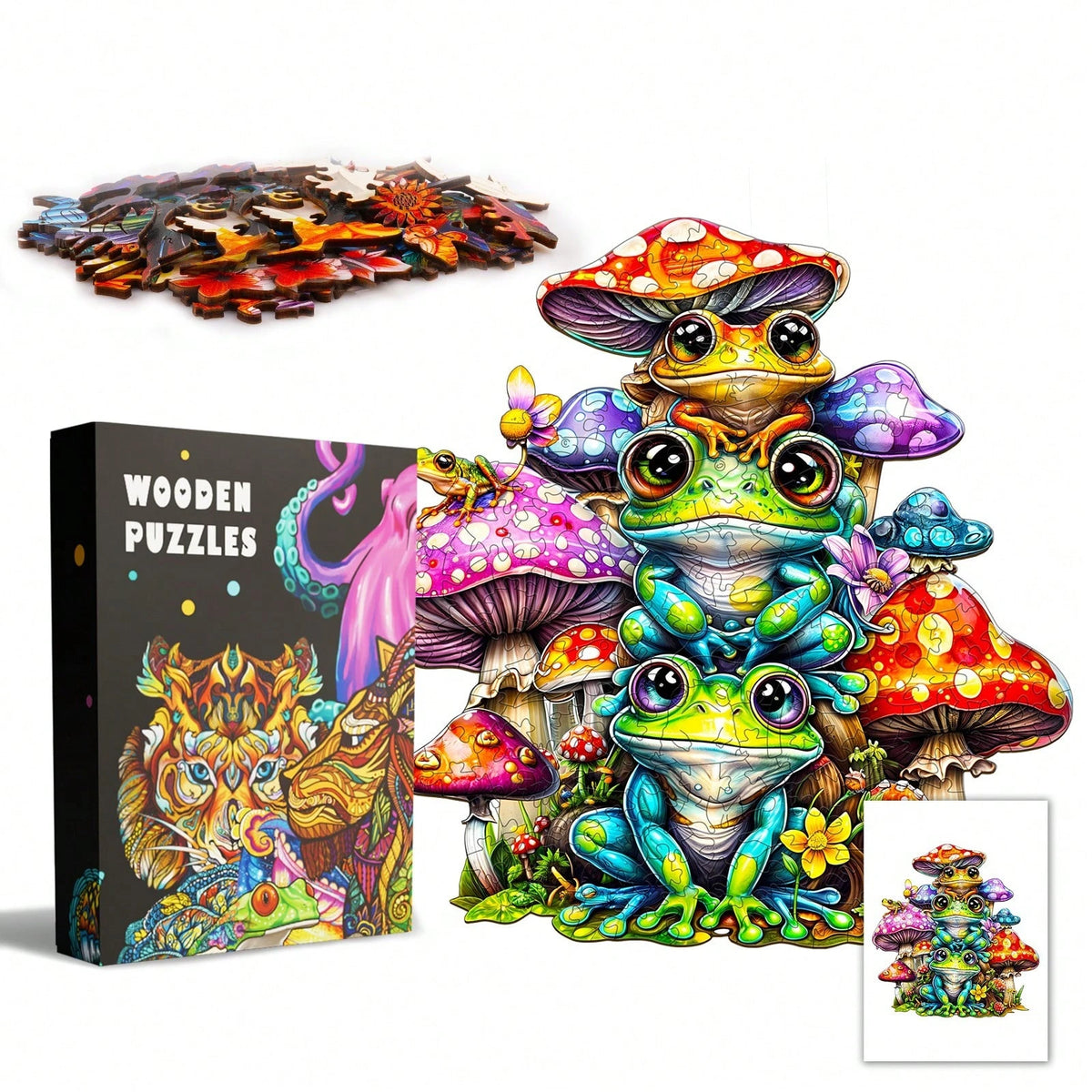 WOODBESTS 1PC Frog Family Wooden Irregular Puzzle, Animal-Shaped 2D Jigsaw Toy For Kids And Adults. Educational Game, Great Gift For Party, Holiday, Christmas And Birthday. Unique Magical Desktop Deco