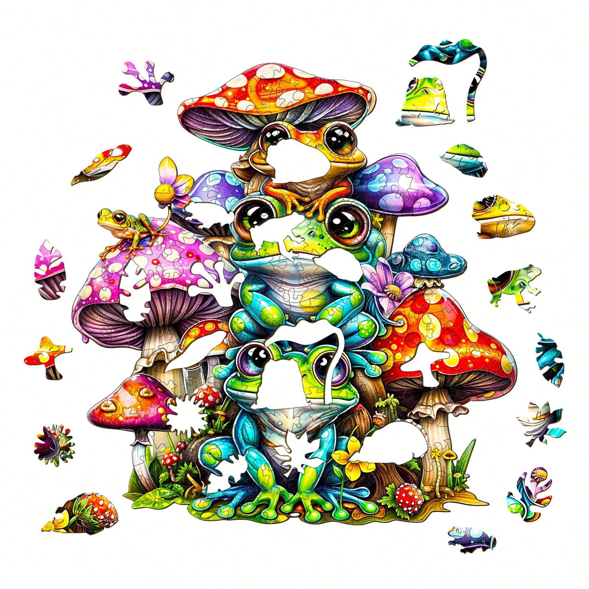 WOODBESTS 1PC Frog Family Wooden Irregular Puzzle, Animal-Shaped 2D Jigsaw Toy For Kids And Adults. Educational Game, Great Gift For Party, Holiday, Christmas And Birthday. Unique Magical Desktop Deco