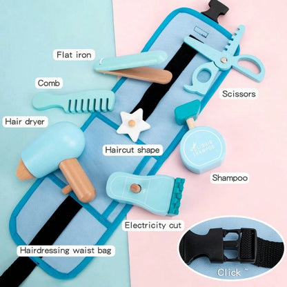 Wooden Barber Hair Salon Playset Toy, Realistic Hair Dryer, Comb, Scissors, Straightener, Clipper, Children's Hair Salon Role Play, Baby Career Experience, Early Education, Educational Toy, Parent-Chi