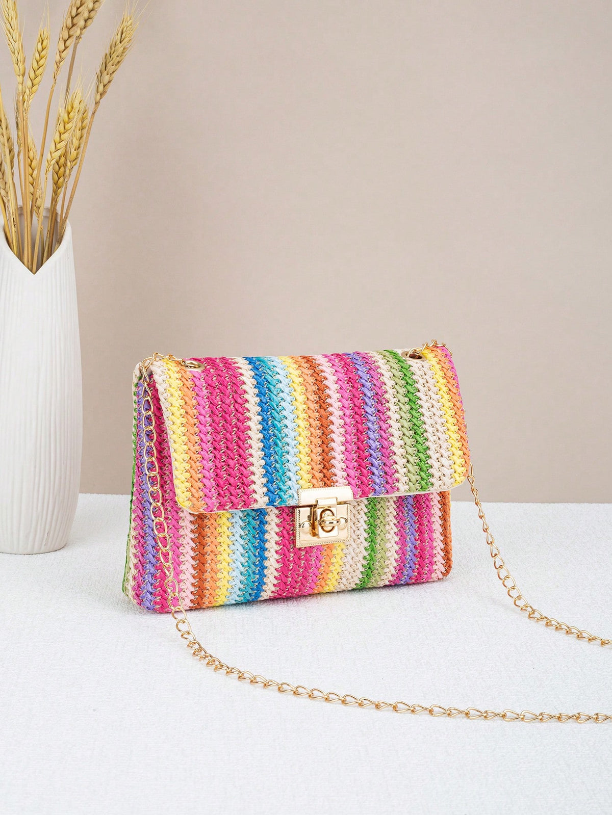 Woven Colorful Shoulder Chain Bag Ladies' Small Square Bag, Spring/Summer Casual Beach Bag, High Capacity Women's Bag,Straw Bag