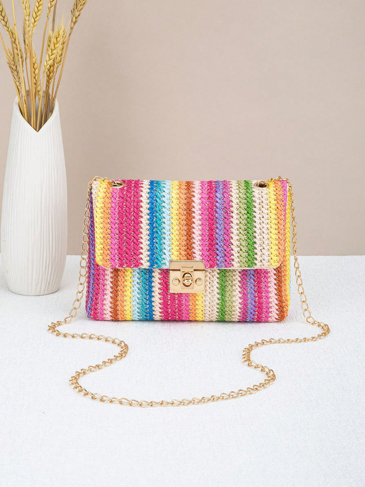 Woven Colorful Shoulder Chain Bag Ladies' Small Square Bag, Spring/Summer Casual Beach Bag, High Capacity Women's Bag,Straw Bag