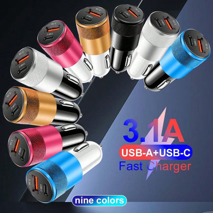 XJDR 1pc 3.1A Dual Port USB Car Charger With USB-A And USB-C Ports, Aluminum Alloy Metal Fast Charging Adapter