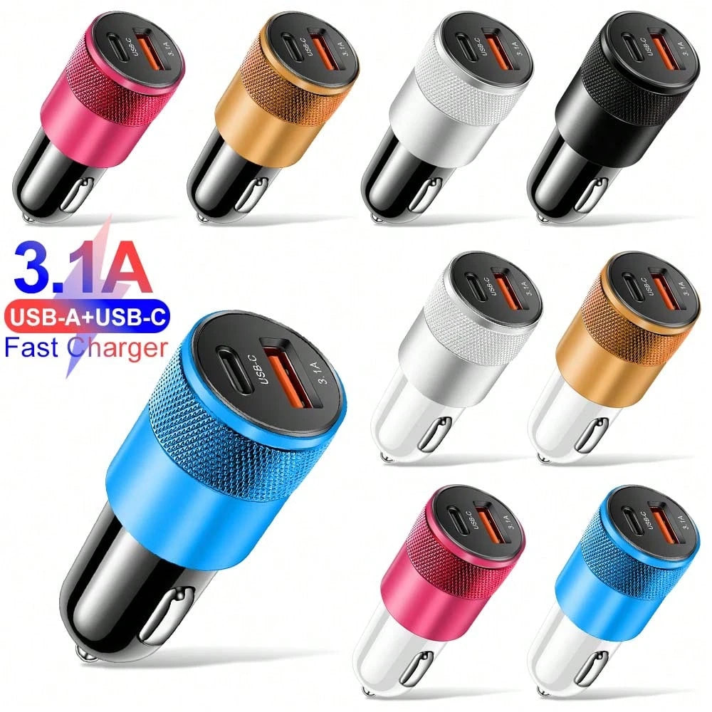 XJDR 1pc 3.1A Dual Port USB Car Charger With USB-A And USB-C Ports, Aluminum Alloy Metal Fast Charging Adapter