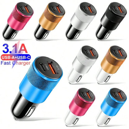 XJDR 1pc 3.1A Dual Port USB Car Charger With USB-A And USB-C Ports, Aluminum Alloy Metal Fast Charging Adapter