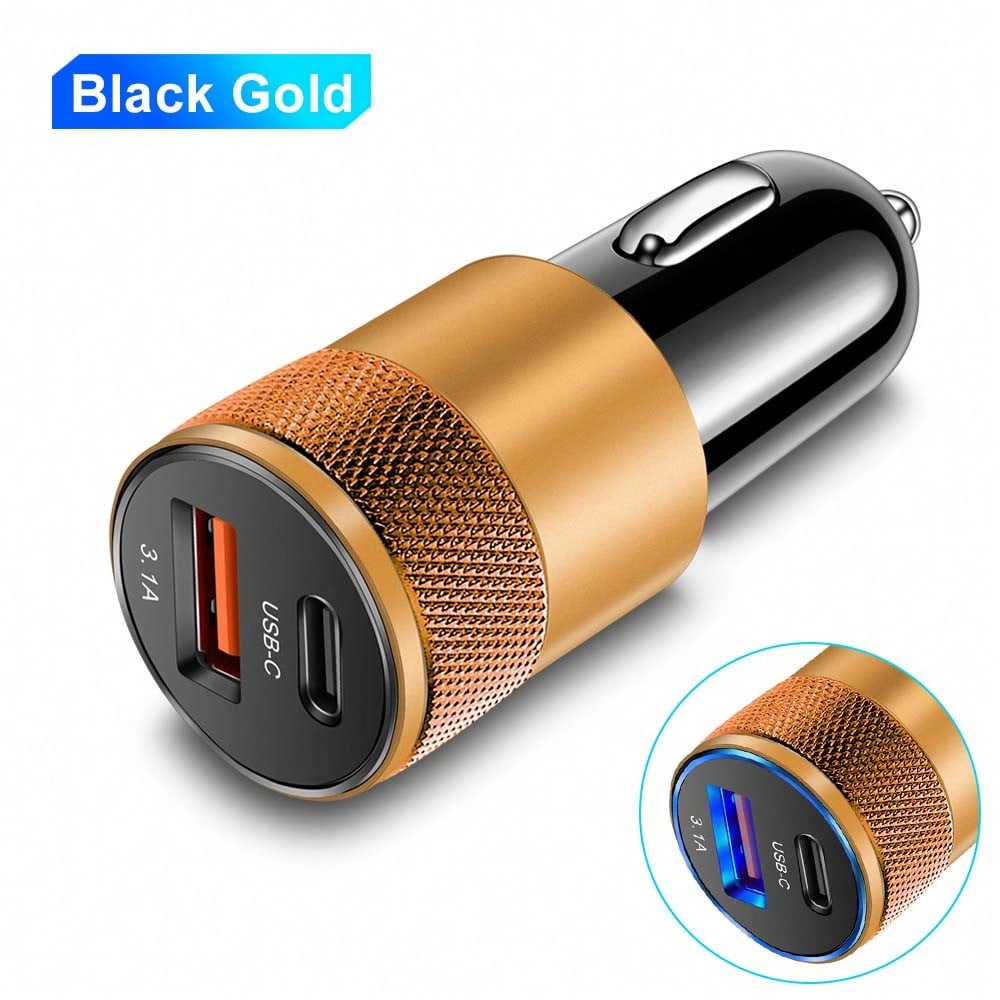 XJDR 1pc 3.1A Dual Port USB Car Charger With USB-A And USB-C Ports, Aluminum Alloy Metal Fast Charging Adapter