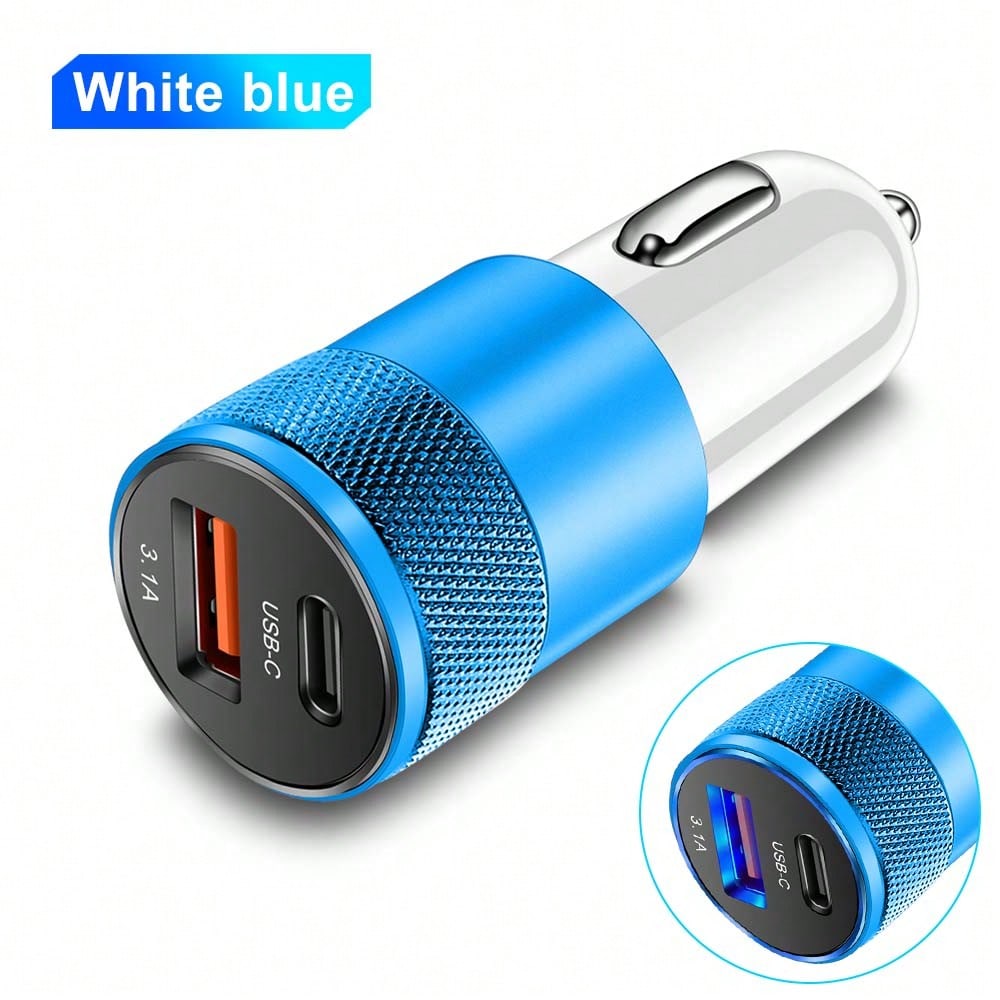 XJDR 1pc 3.1A Dual Port USB Car Charger With USB-A And USB-C Ports, Aluminum Alloy Metal Fast Charging Adapter